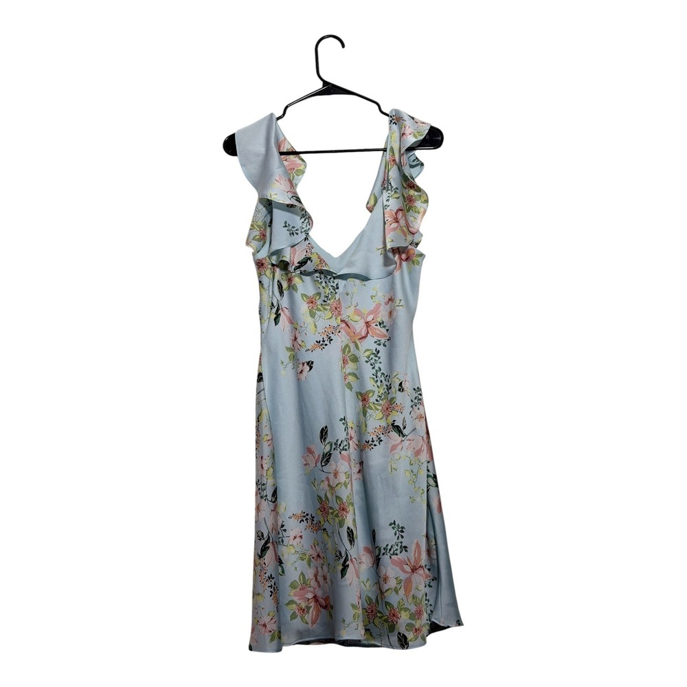 Bebe Printed Bubble Satin Mini Dress Light Blue Floral Romantic Women's Large - Picture 4 of 9